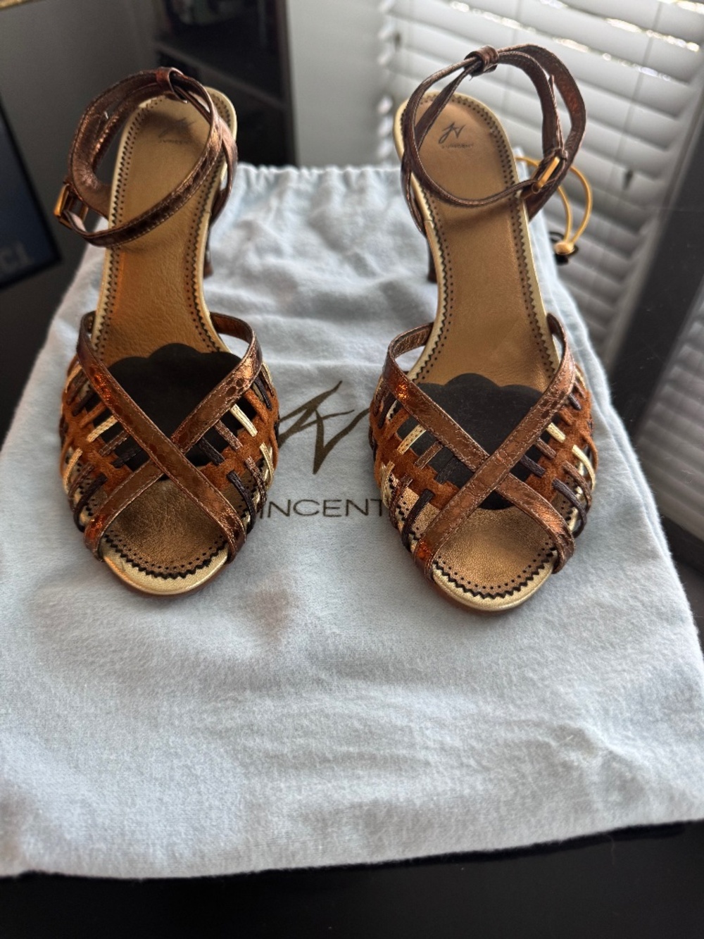 J Vincent brown, gold, and metallic leather indie dark academia heels
